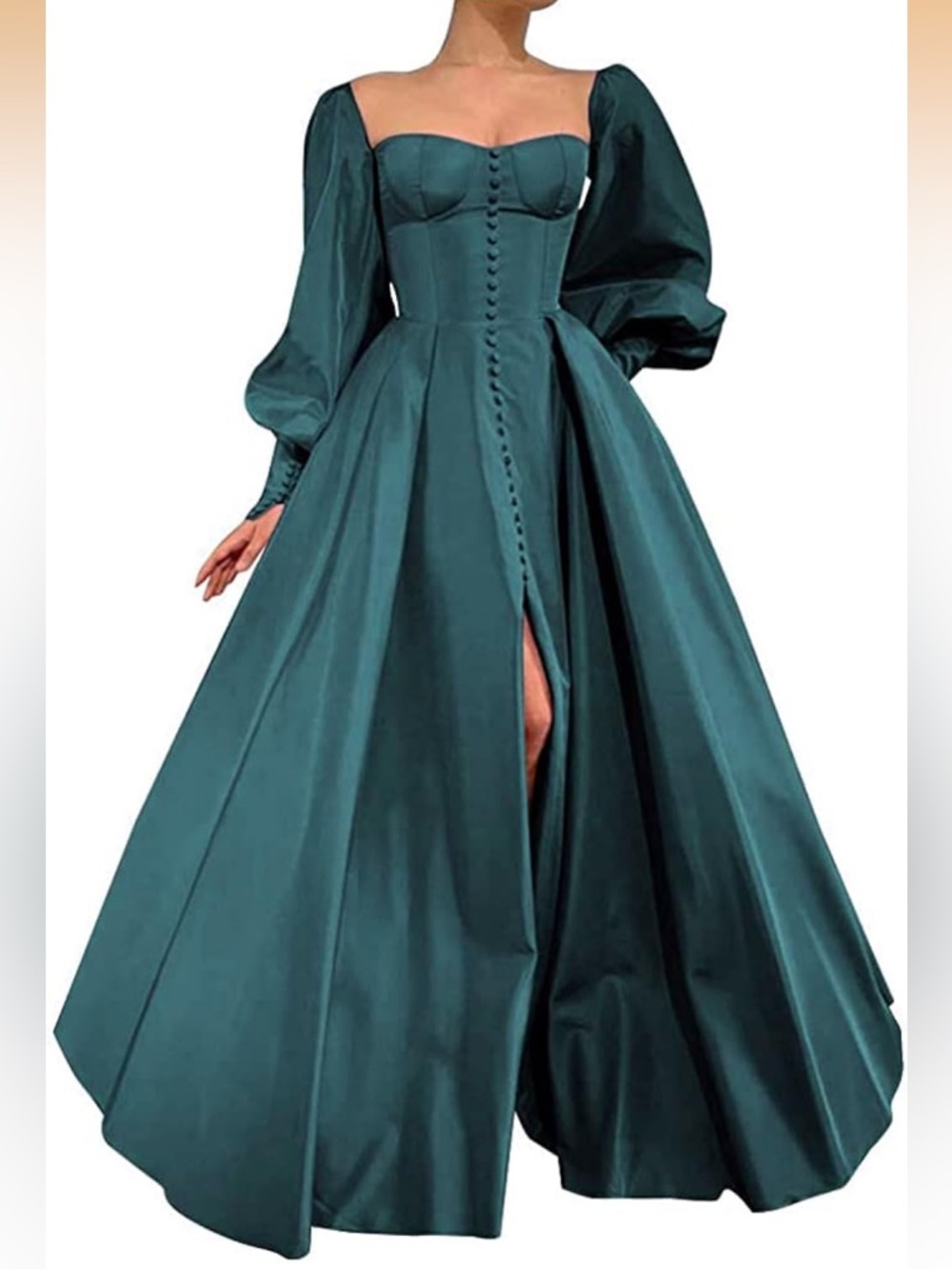 Zjizu Teal Satin Puff Sleeve Midi Dress NWT M L Square Neck Formal Event